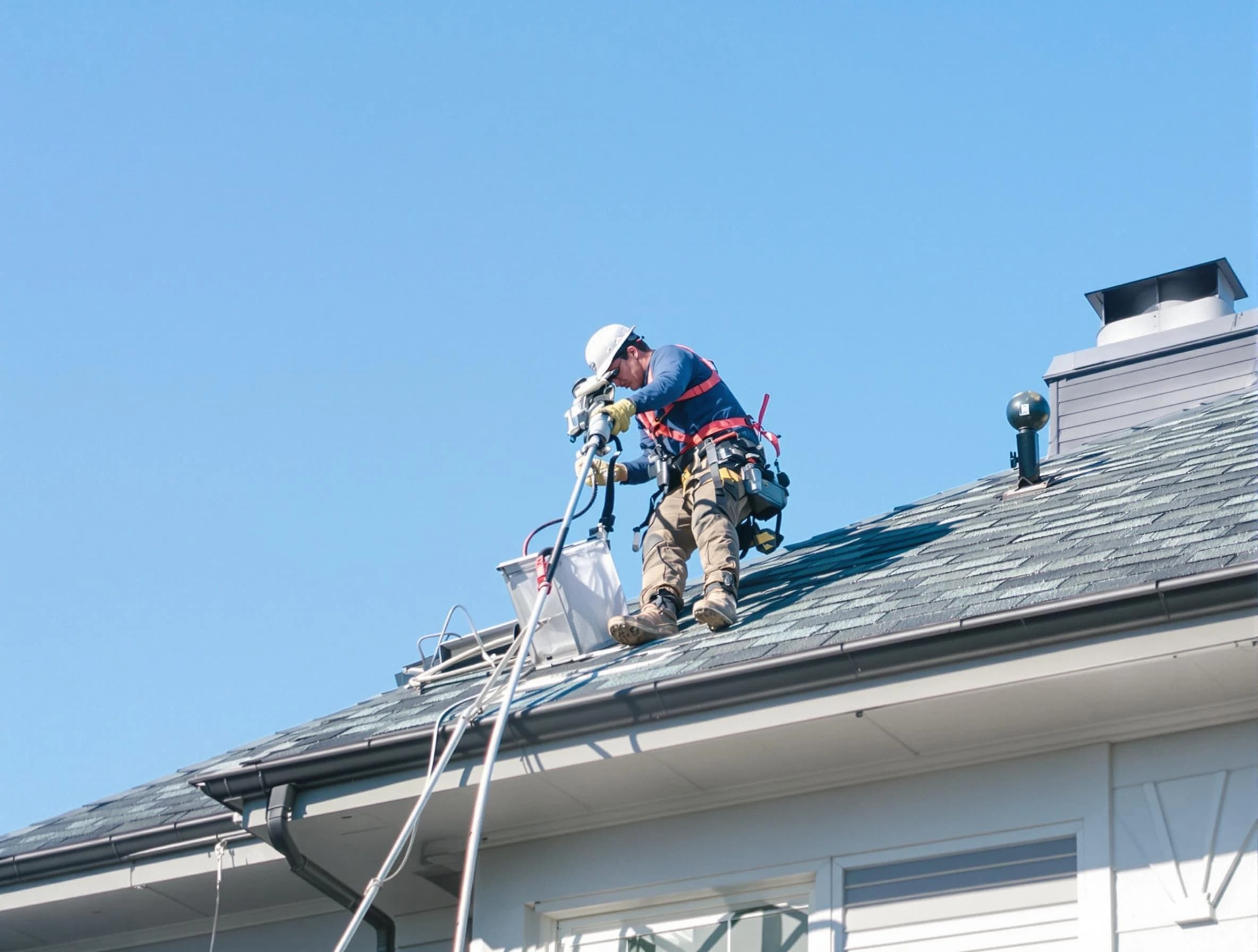 Centerville Dryer Vent Cleaning certified technician cleaning a roof-mounted dryer vent system in Centerville