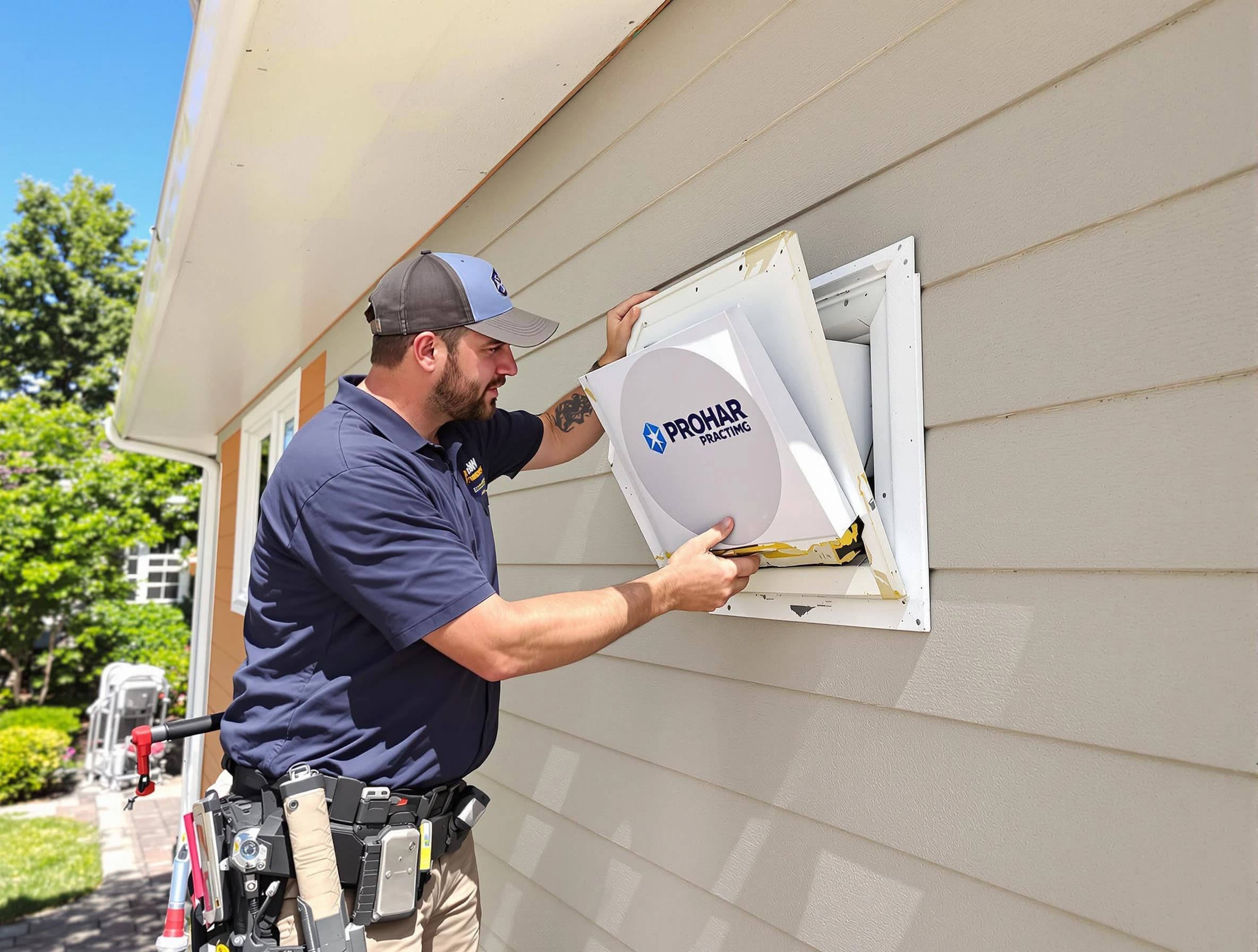 Centerville Dryer Vent Cleaning technician installing a new protective dryer vent cover on a home in Centerville