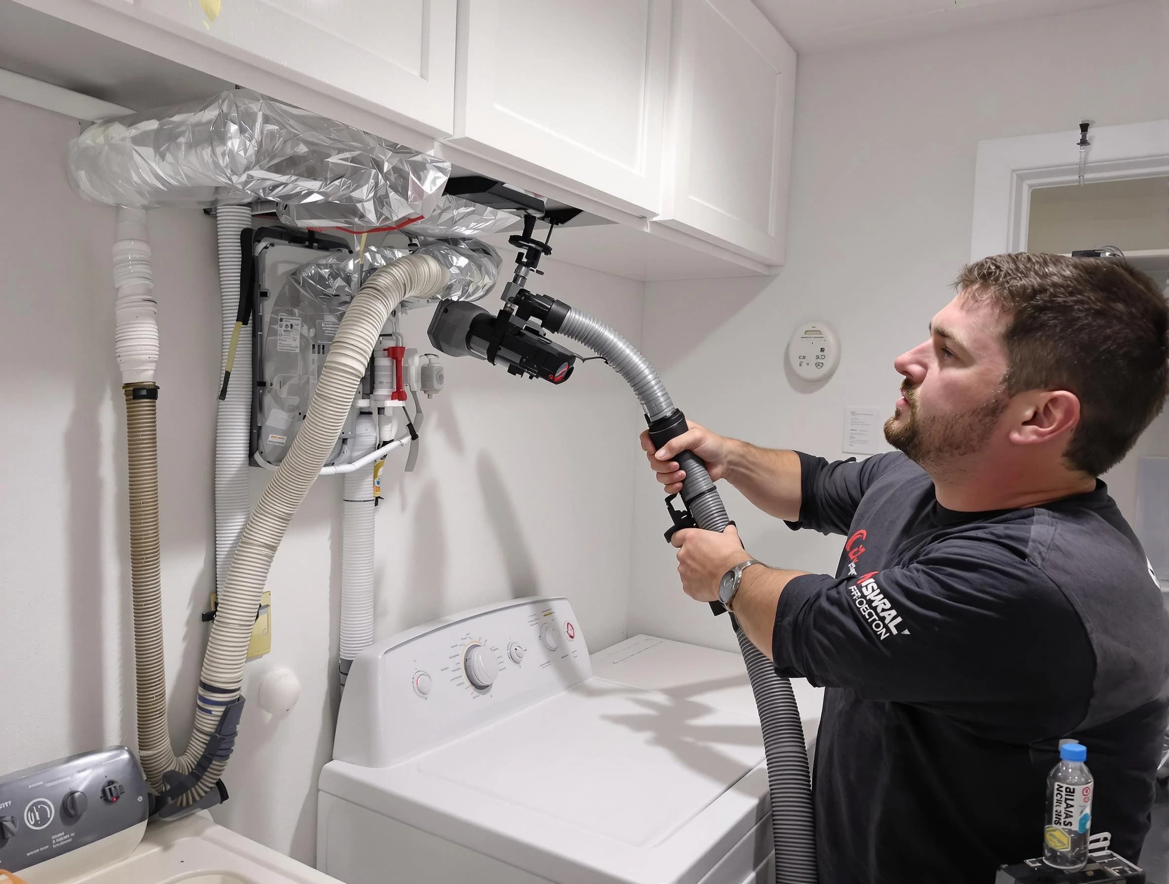 Centerville Dryer Vent Cleaning certified technician performing safety-focused gas dryer vent cleaning in Centerville